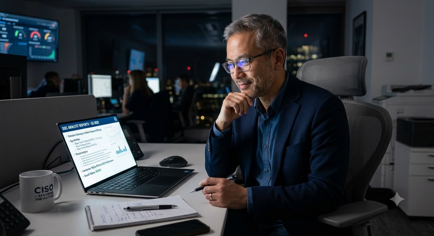 NovaSentinelX executive reviewing AI SOC reports in a modern security operations center